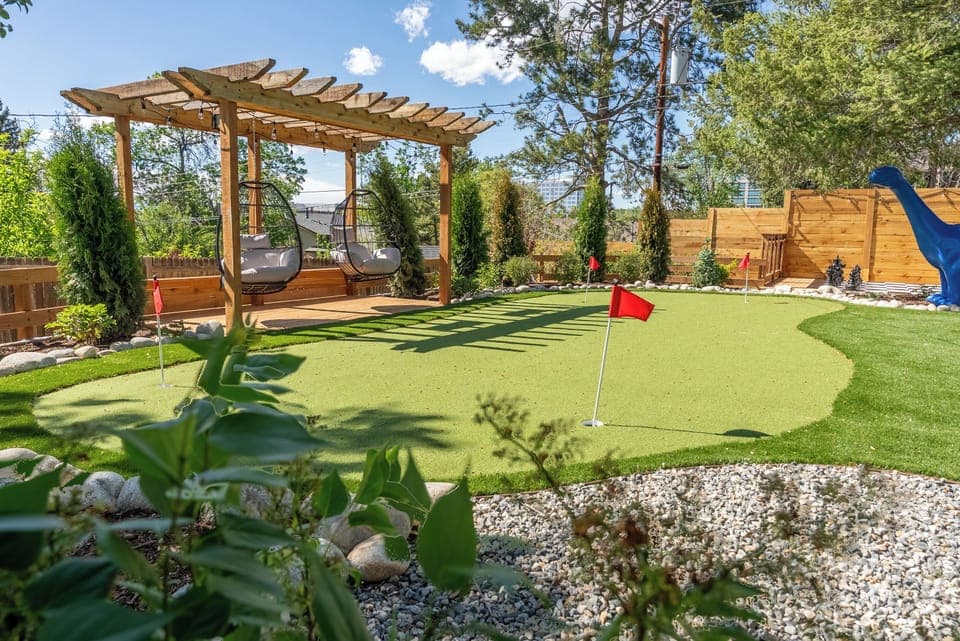 This Outdoor Putting Green is ready for all of your friendly putting competitions.  Lounge in the Egg swings in between your swings