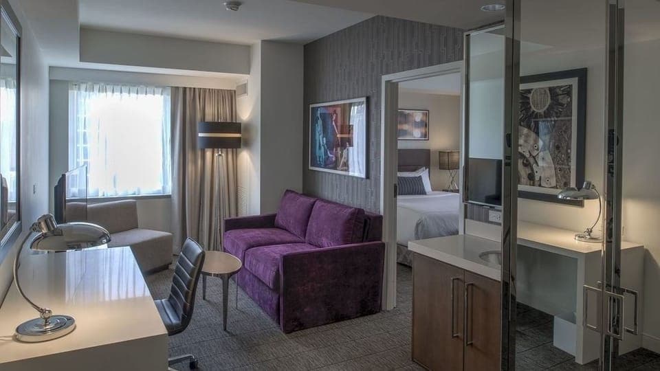 Bedroom, desk, ironing board