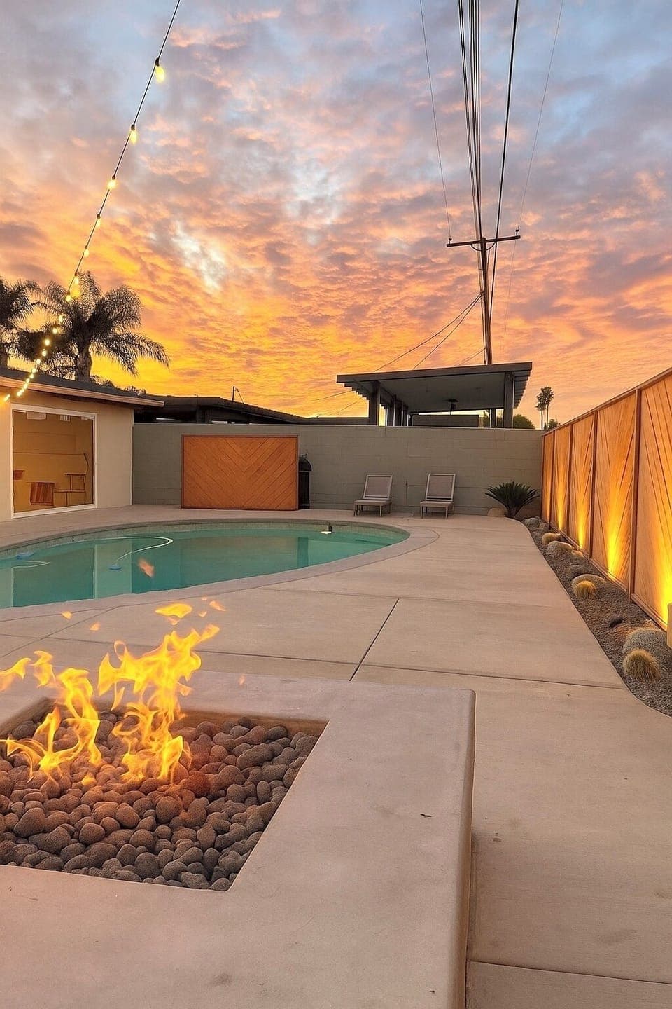 Pool, gas firepit with sectional seating, sun loungers