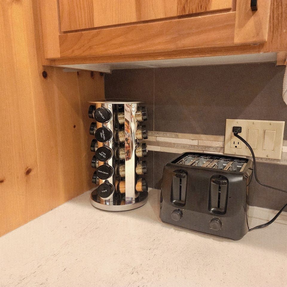 Spice rack and toaster.