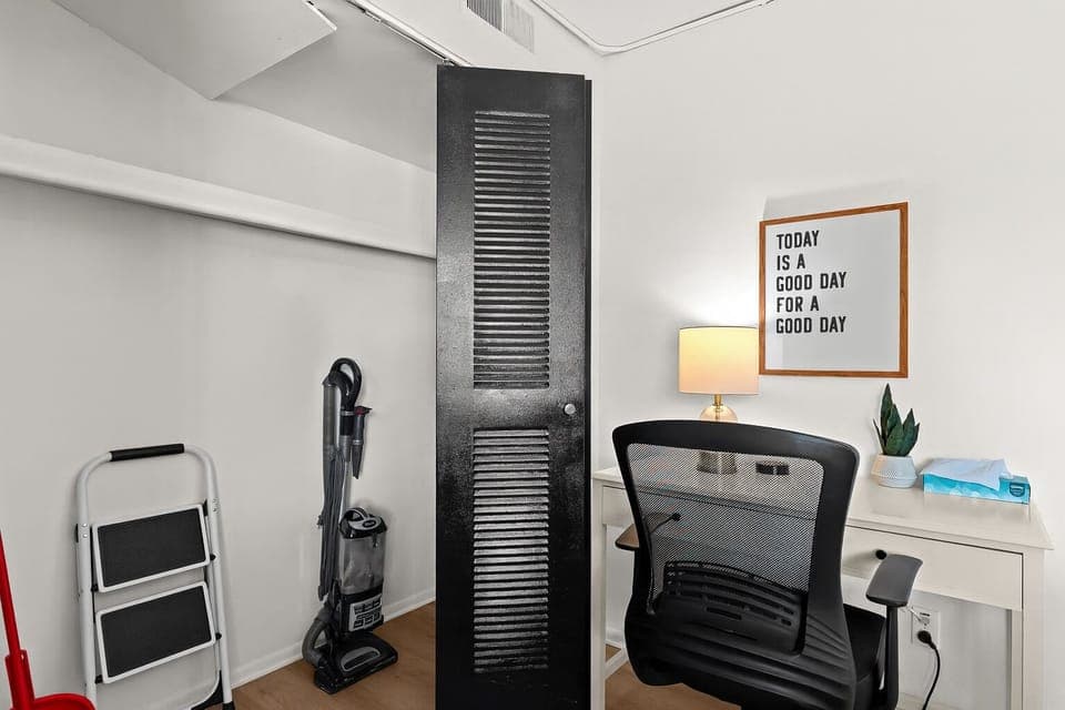 Dedicated work-from-home station with ergonomic chair, lamp, and fast Wi-Fi access.