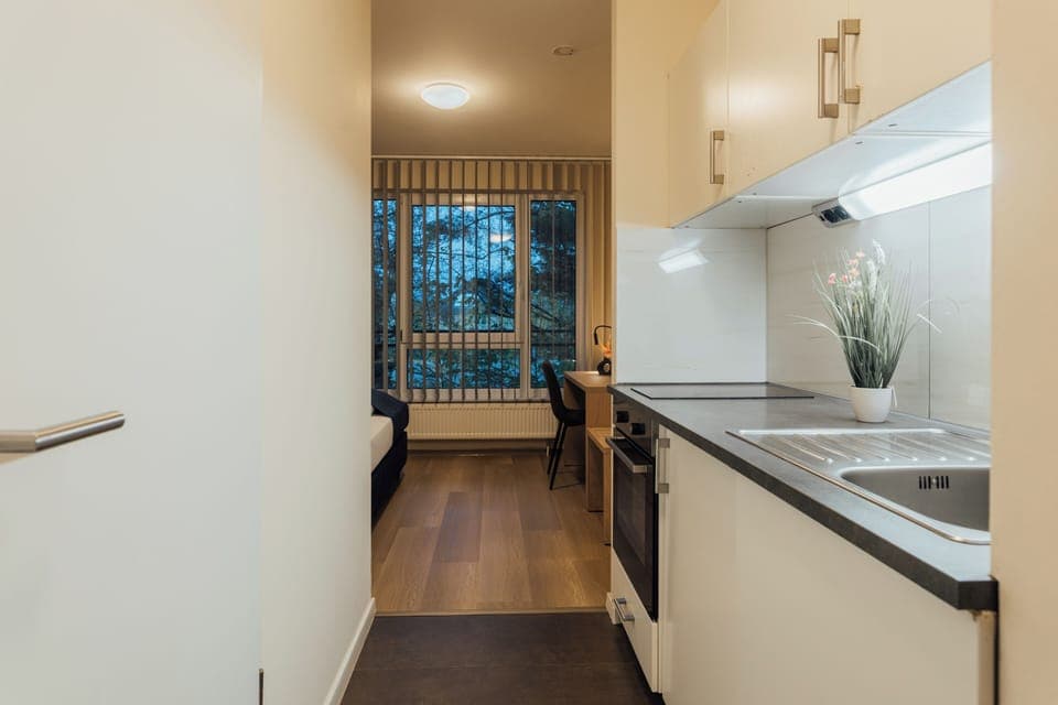 Mini-fridge, oven, stovetop