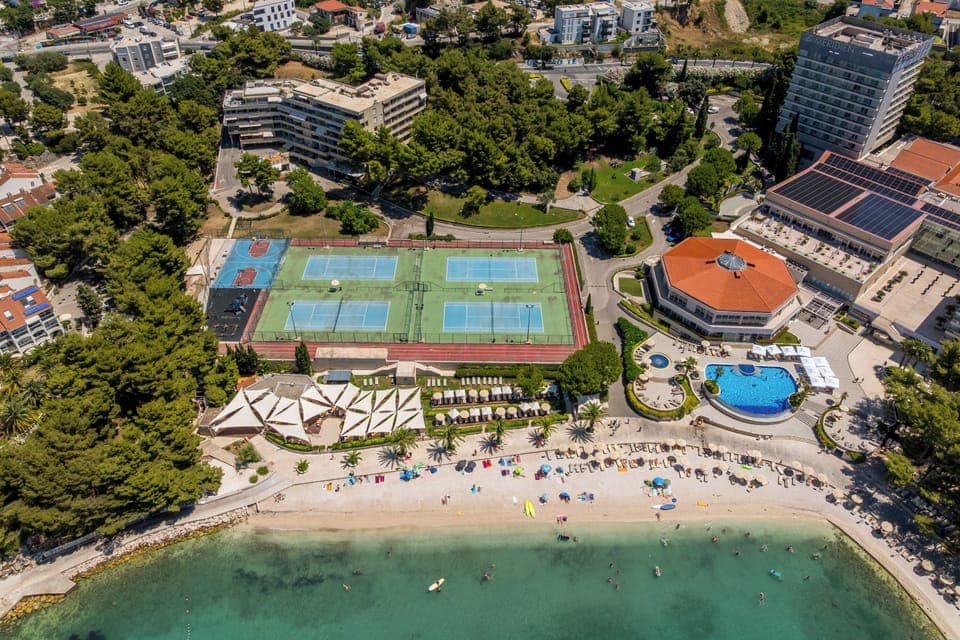 On the beach, sun loungers, beach umbrellas, 2 beach bars