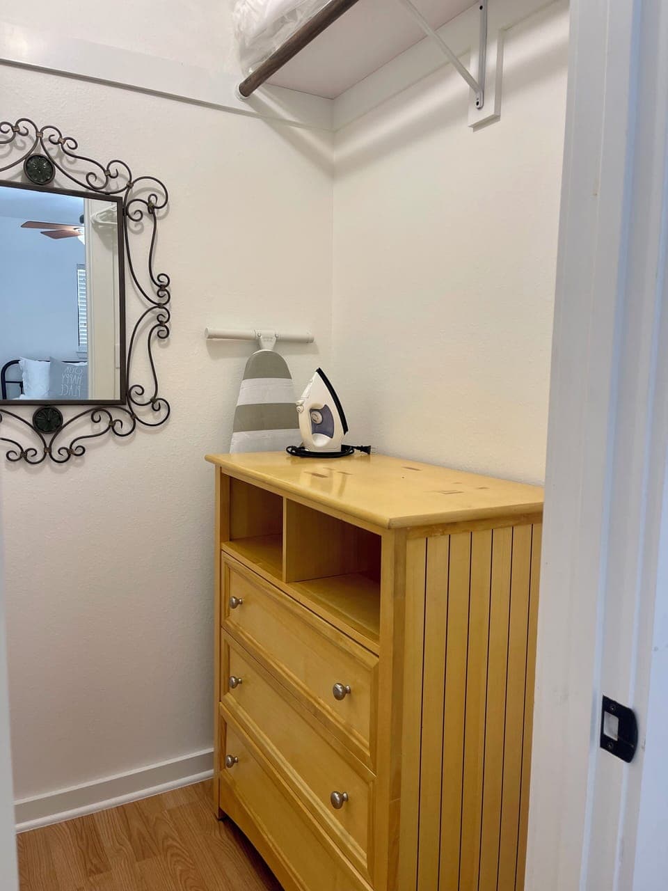 Walk in closet with iron and ironing board