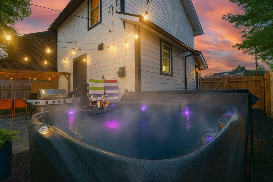 Relaxing hot tub under the string lights.