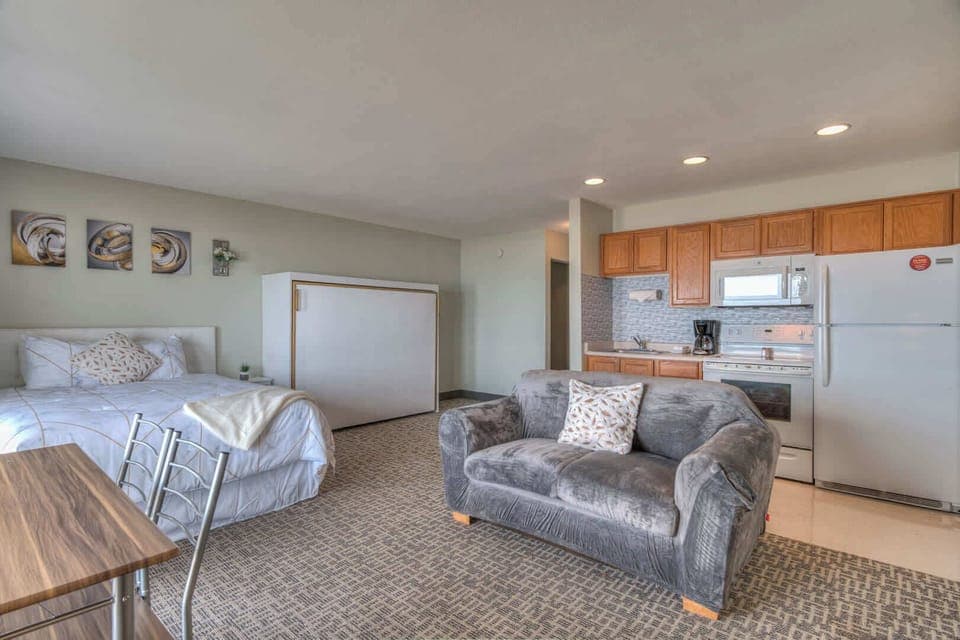 The Murphy bed folds up during the day for extra space