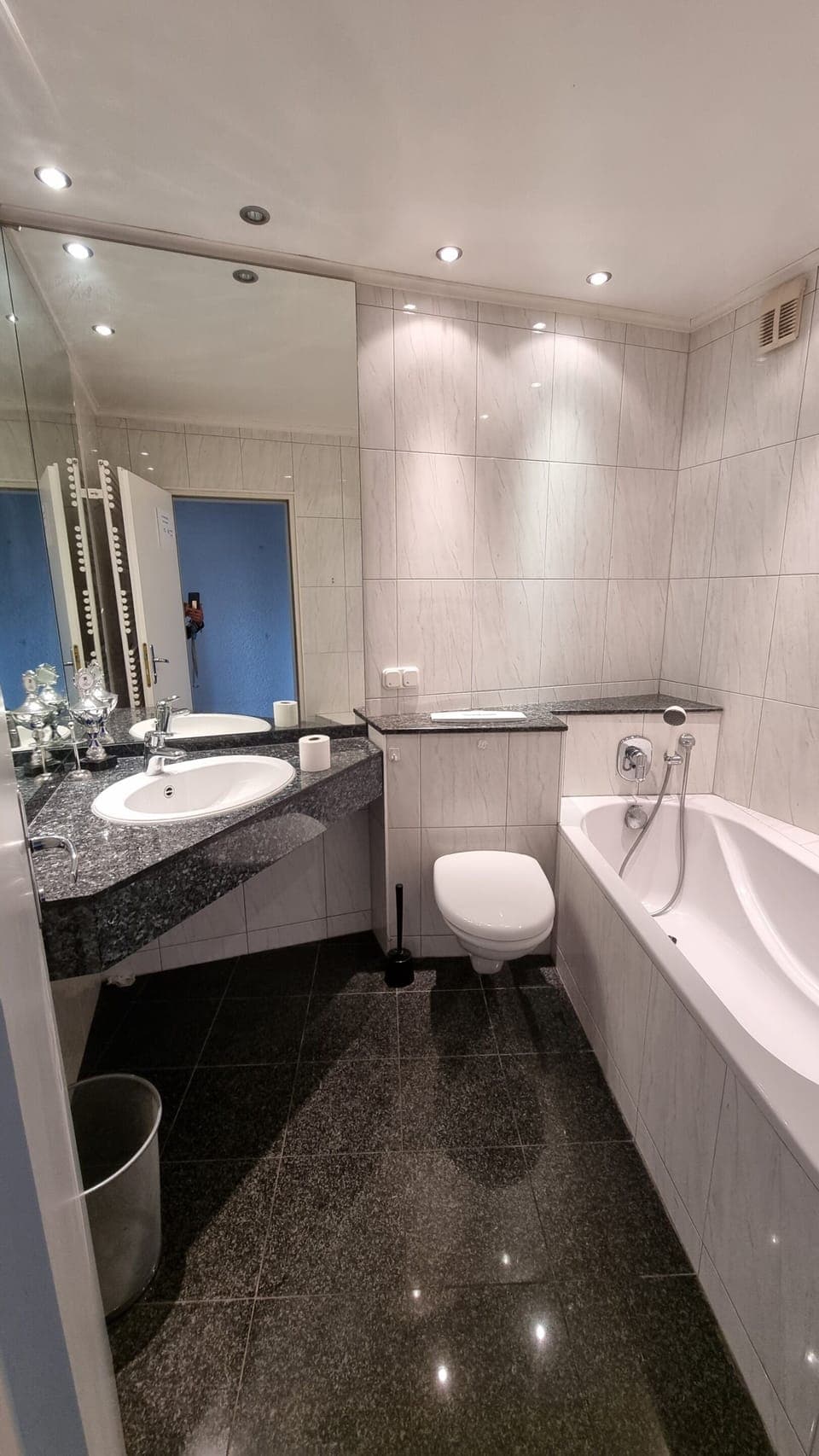 Hair dryer, towels, soap, toilet paper