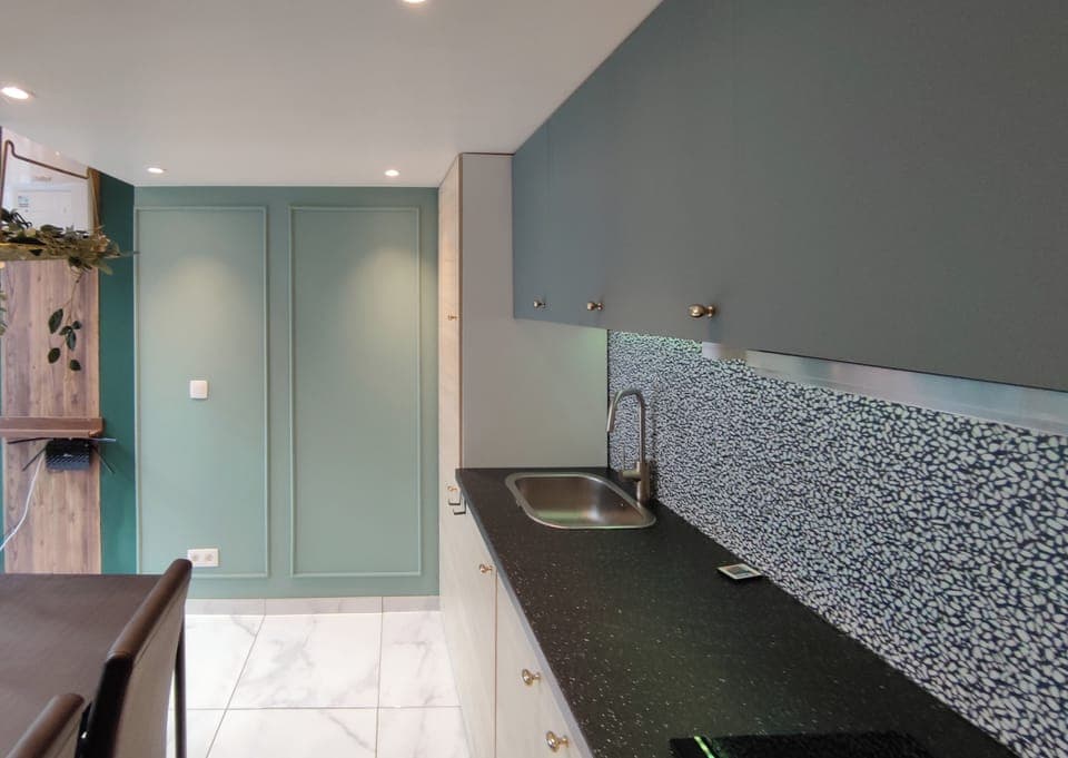 Deluxe Studio | Private kitchen | Fridge, microwave, oven, stovetop