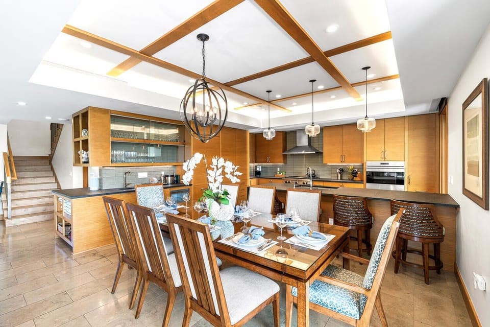 The open-concept kitchen and dining space is perfect for gathering and group meals.