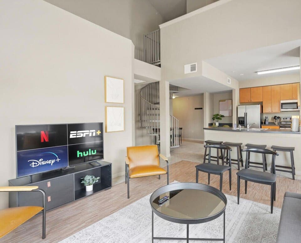 First apartment large living room with a queen sleeper sofa plus smart tv