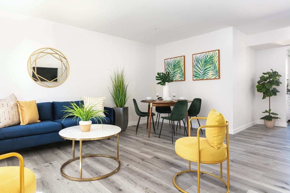 Stylish living room with bold blue and yellow accents