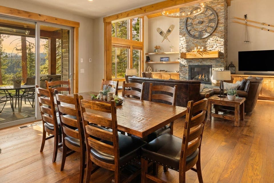 Dining table with seating for 8. Large kitchen island seats another 4. 