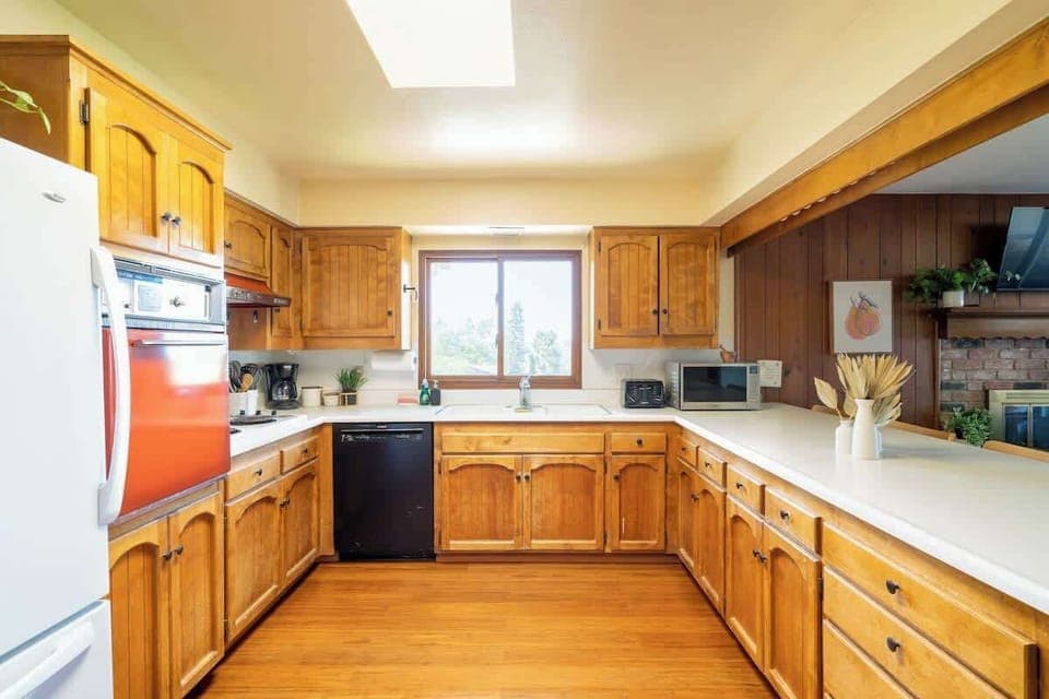 The large kitchen comes fully equipped with everything you could need