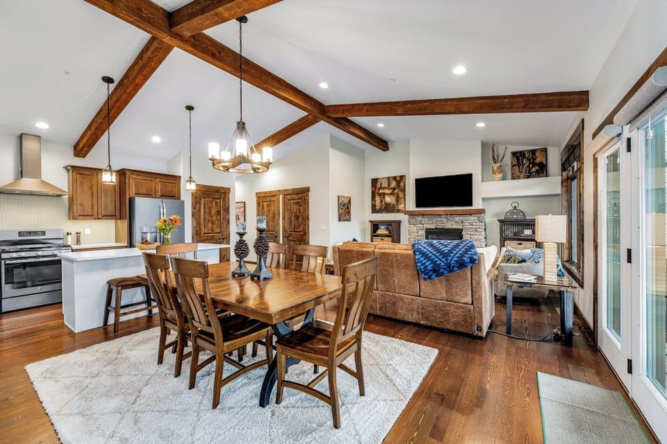 Main living space with large dining room and cozy living room