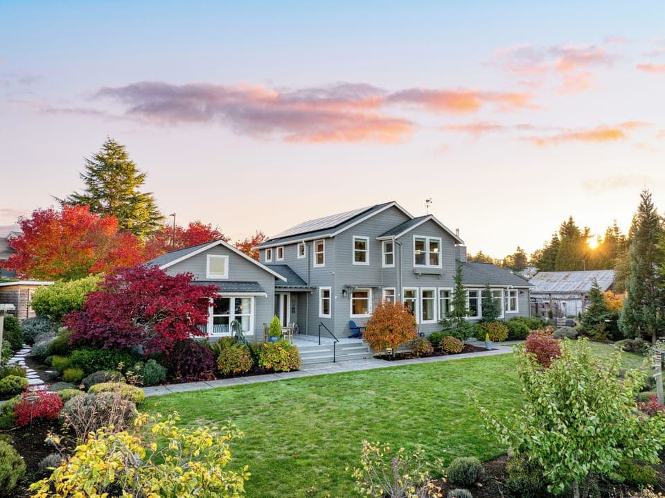 Exterior of the house with garden view.