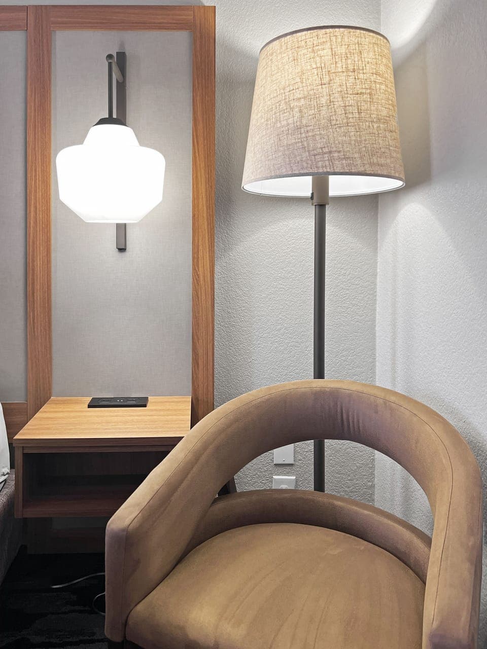 Desk, laptop workspace, blackout drapes, iron/ironing board