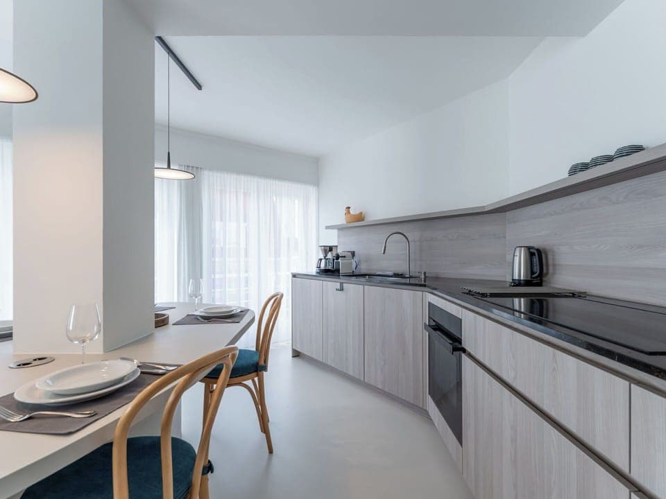 Interior Design, Kitchen, Countertop, Flooring, Ceiling, Floor, Light Fixture, Home, Apartment, Plumbing Fixture