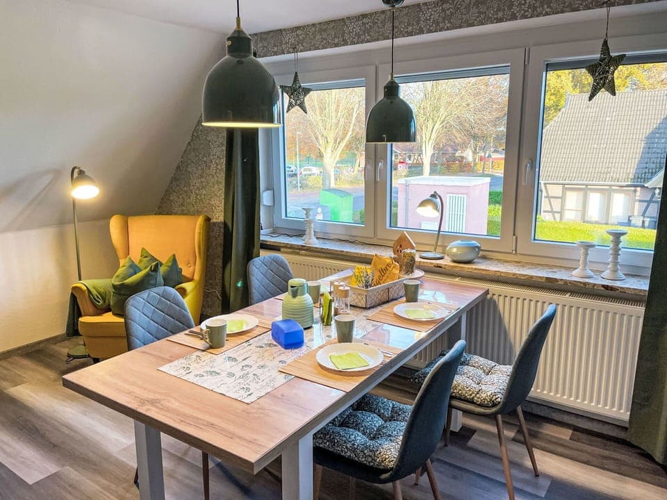 Furniture, Interior Design, Flooring, Wood, Chair, Table, Light Fixture, Ceiling, Floor, Kitchen & Dining Room Table