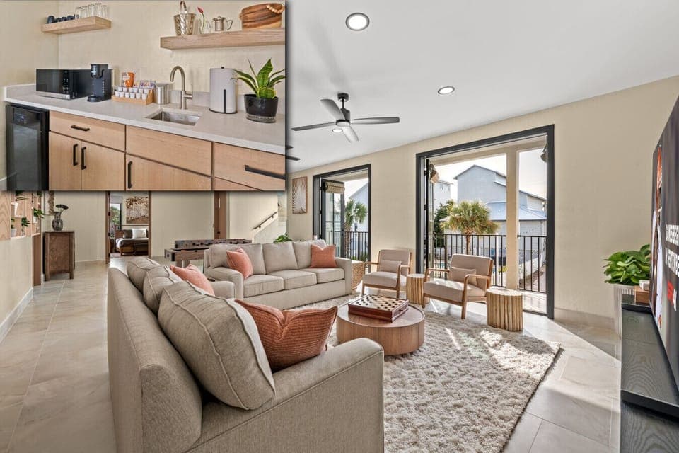 The second floor living room and bar area.