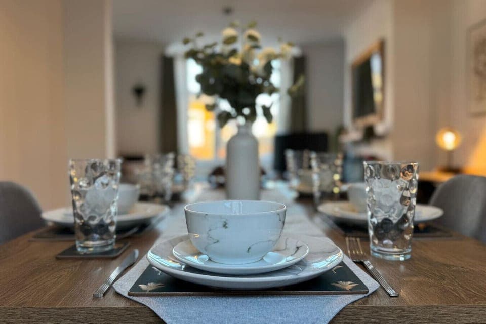 Dining table with glassware ready for use