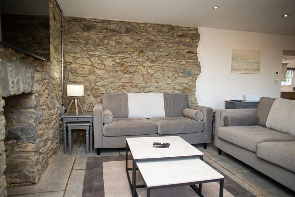 Living room with two sofas, coffee tables, rug, fireplace