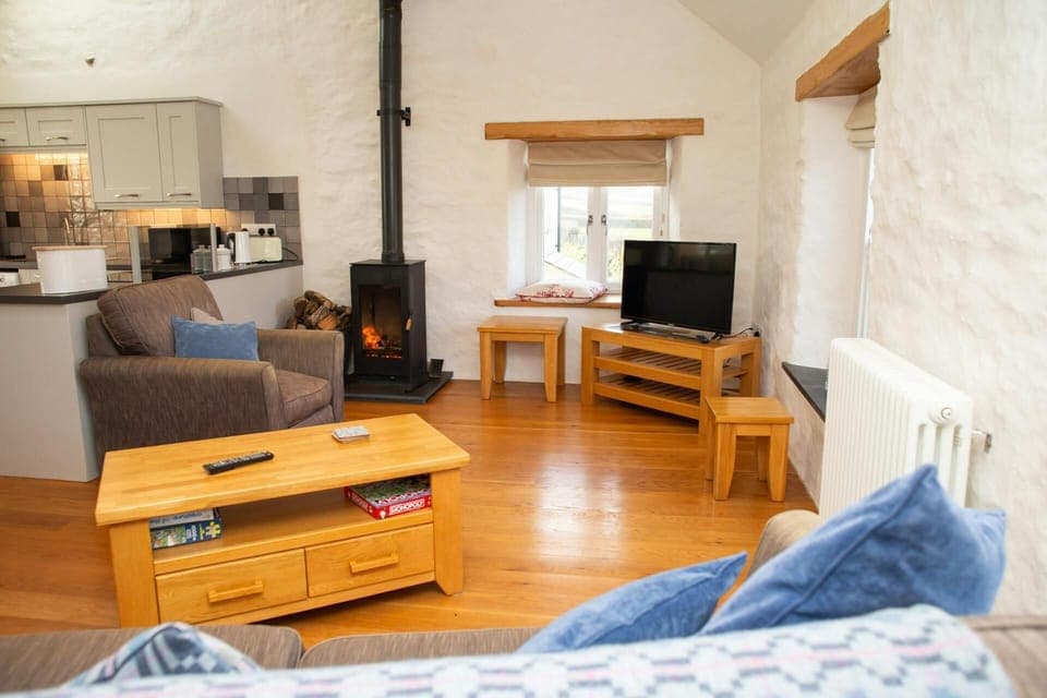 Living area with wooden coffee table, TV stand, and stove on a wooden floor