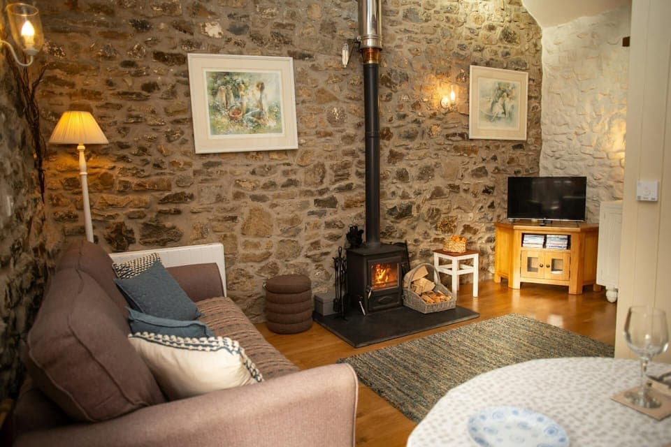 Living room with stone walls, wood-burning stove, sofa and television