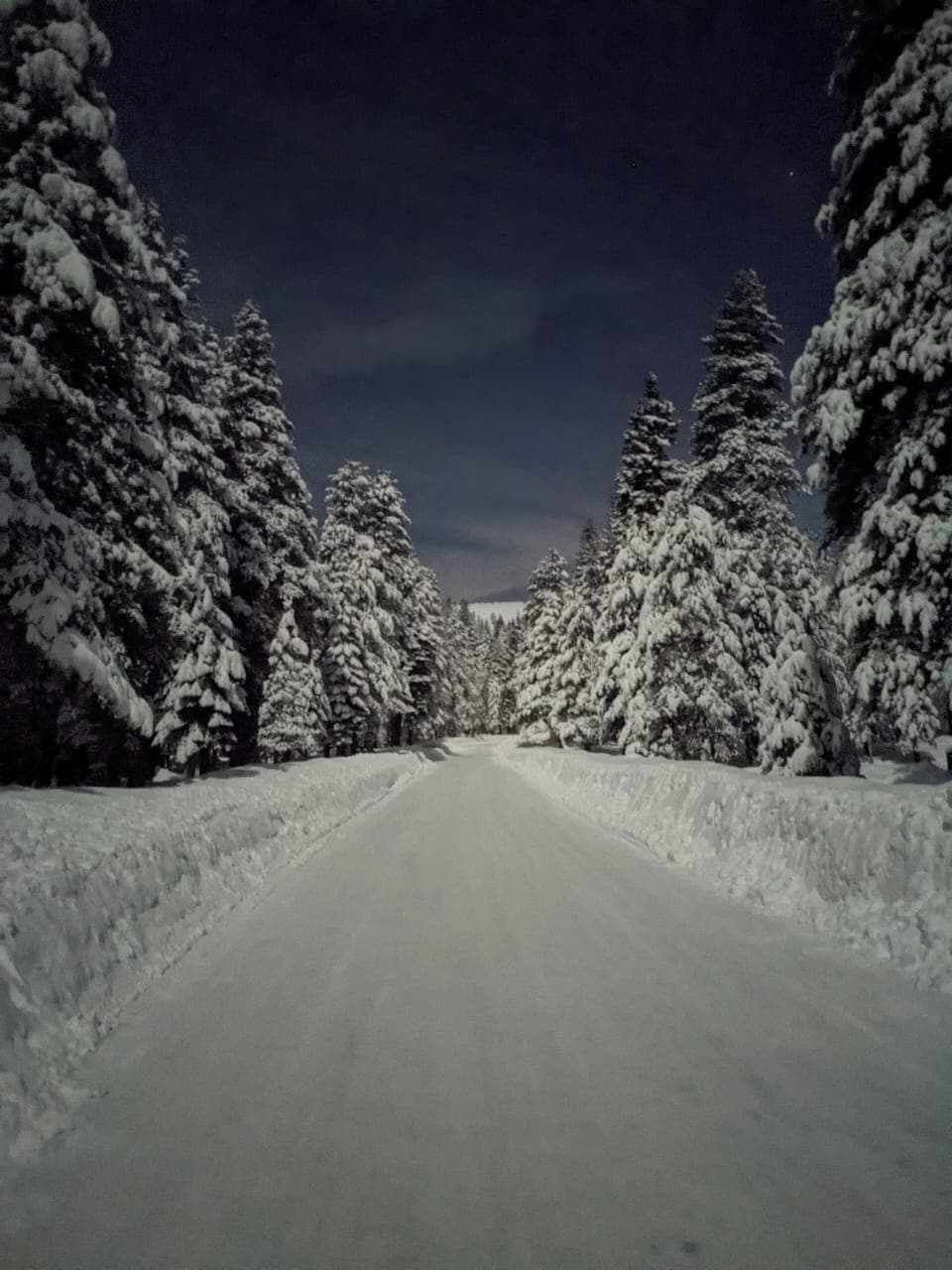 The groomed winter roads, at night