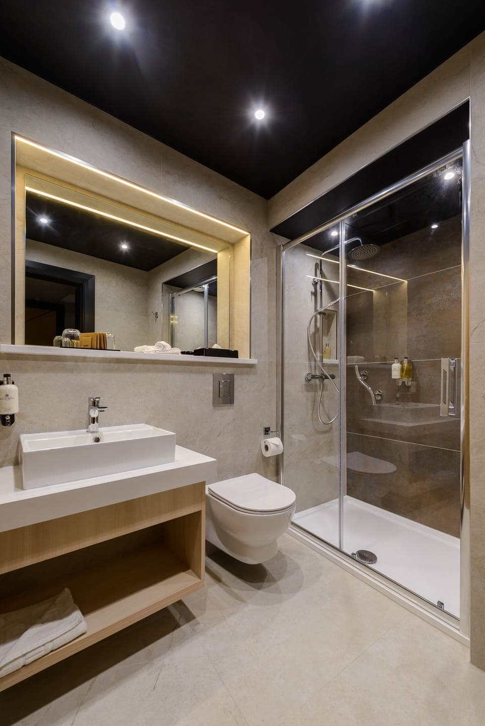 Hair dryer, towels, soap, shampoo