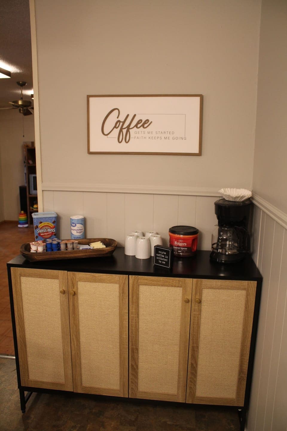 Coffee/hot chocolate bar with sweeteners and creamers provided.