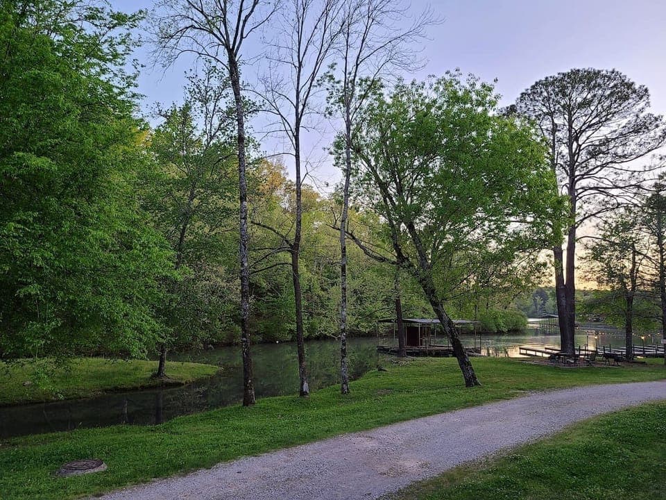 Front porch view from cabin. Boat docks are perfect for fishing!