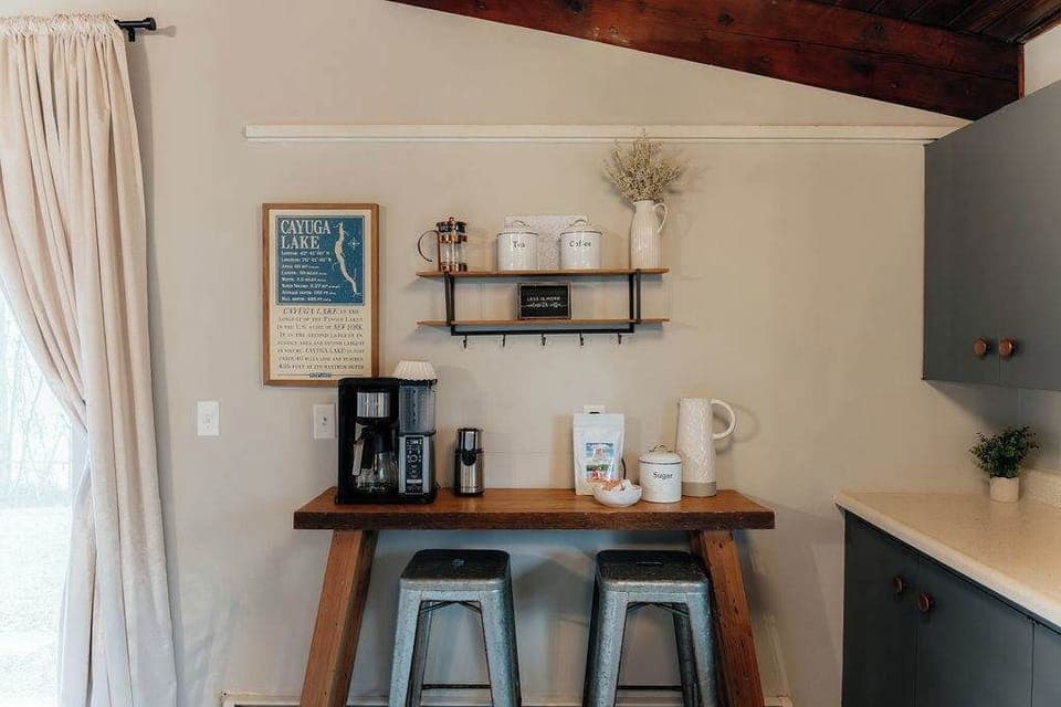 Coffee bar stocked with local Finger Lakes coffee, perfect for slow mornings before heading out for the day.