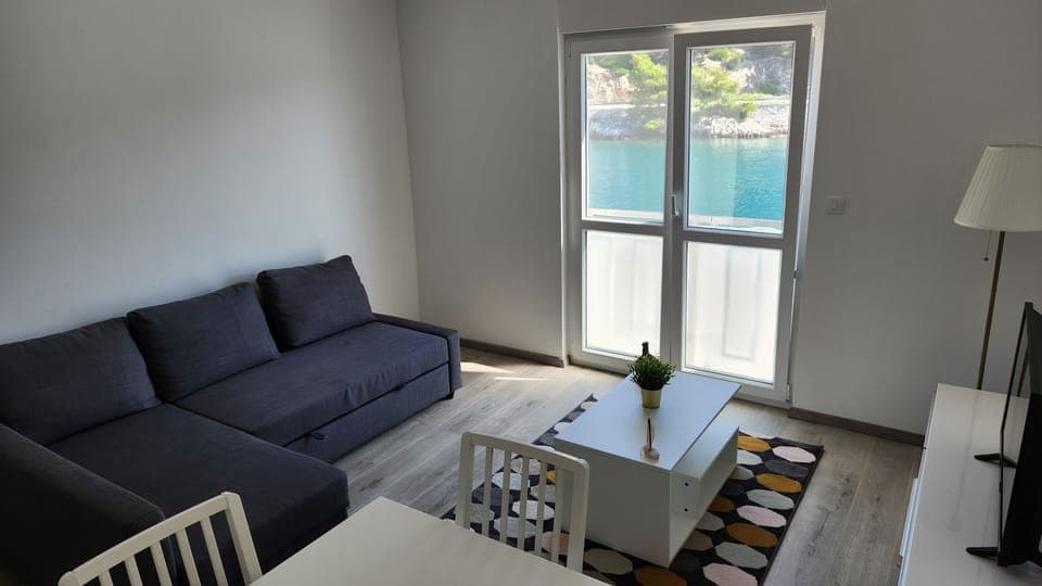 Living room, pull out sofa for one, tv, seaview