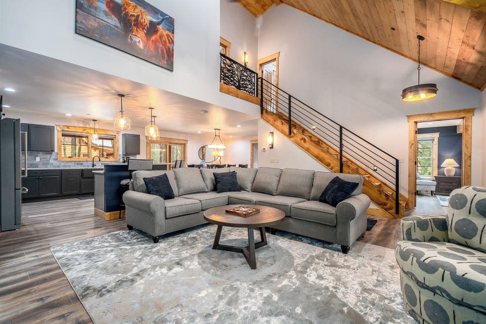 The sectional sofa gives everyone a great view of the 70" TV.