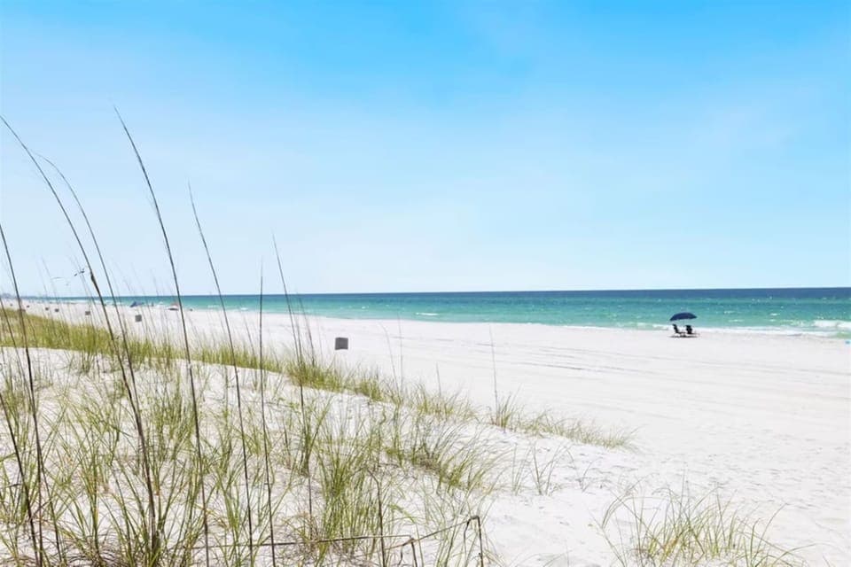 Pristine white sand beach with emerald waters and natural dunes creates the perfect coastal retreat backdrop.