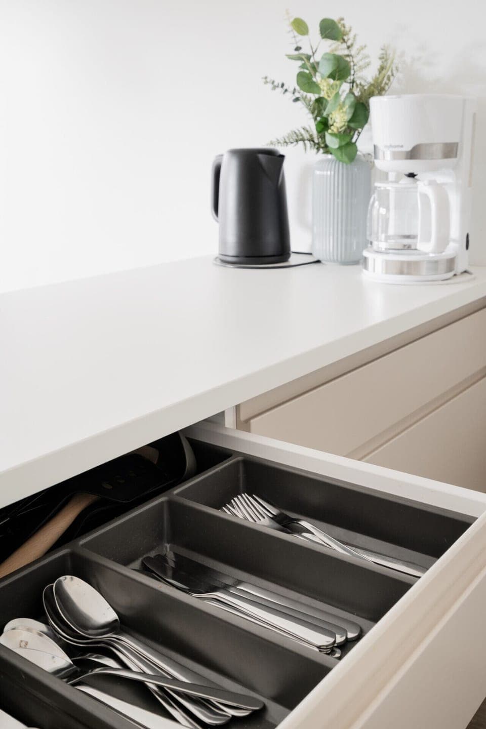 Ample cabinet space is available for your groceries, helping you keep the space tidy during longer `home away from home` stays.