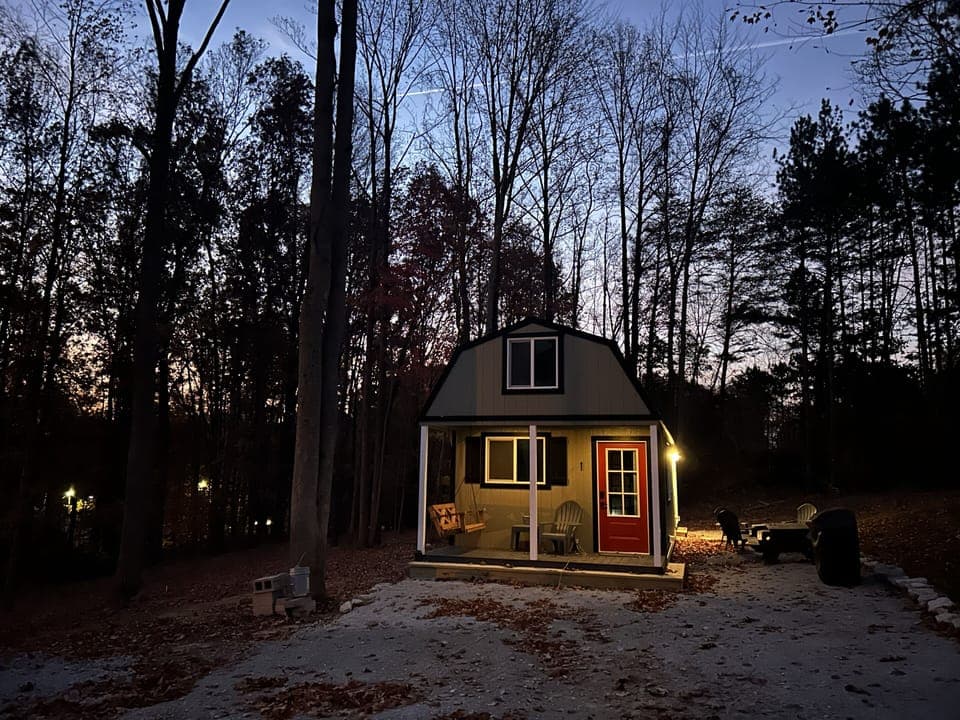 Exterior view from front at dusk