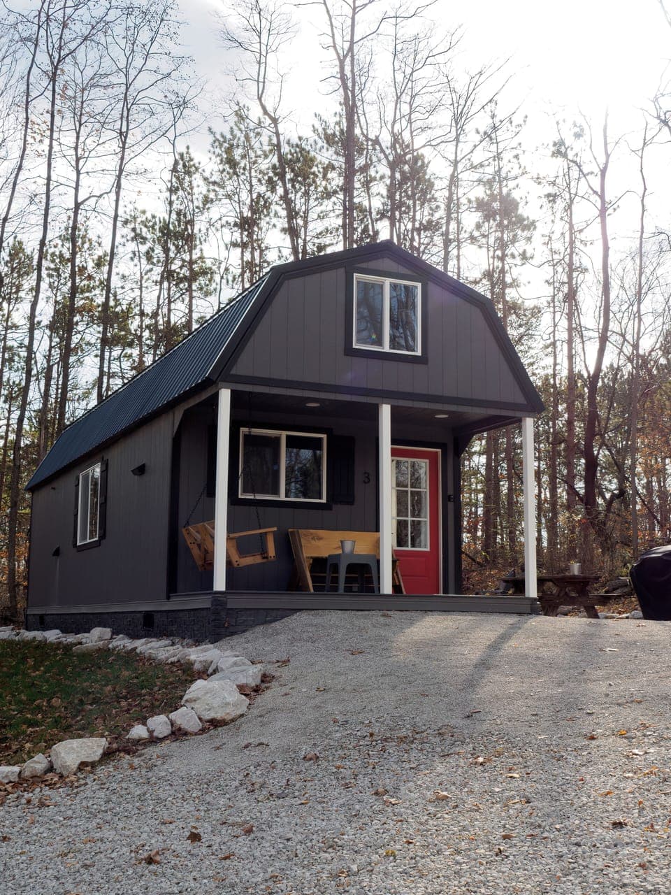 View - front of cabin and private outdoor recreation area.