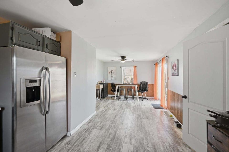 Indoors, Floor, Appliance, Refrigerator, Ceiling Fan