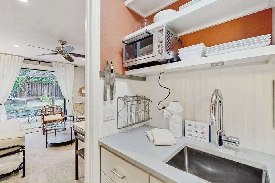 Whip up a quick snack between vineyard visits in your compact Sonoma kitchenette — stocked with essentials and open to the airy living area so you never miss a moment of your getaway.