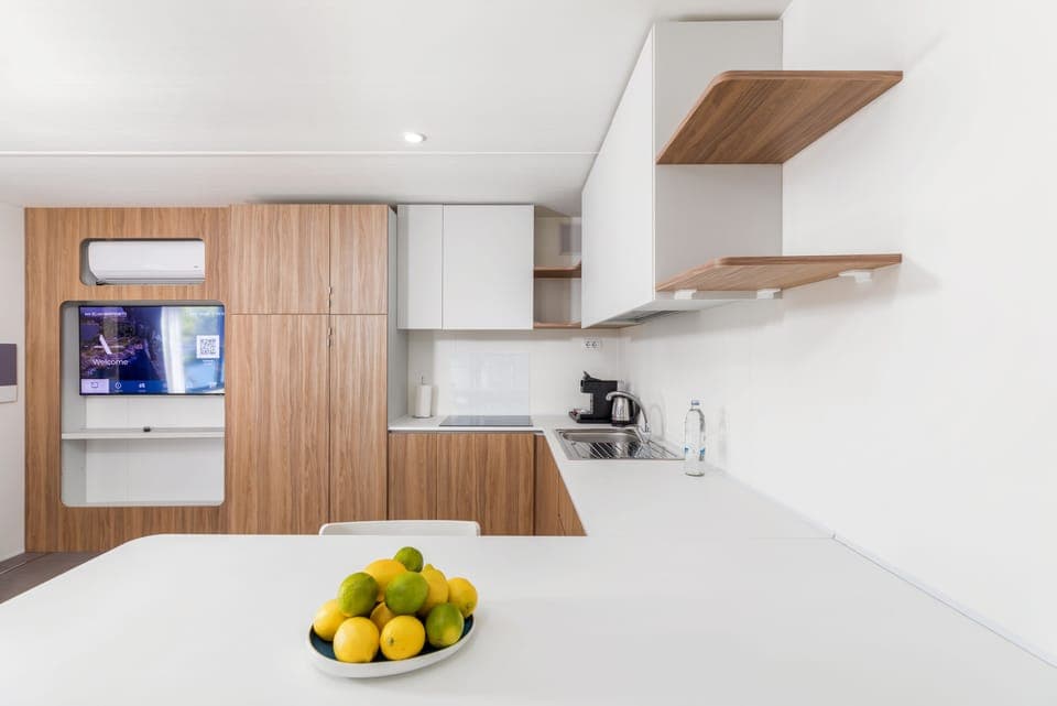 Fridge, microwave, stovetop, espresso maker