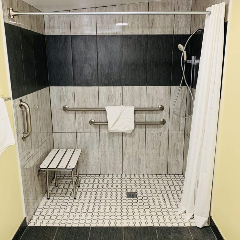 Combined shower/tub, hair dryer