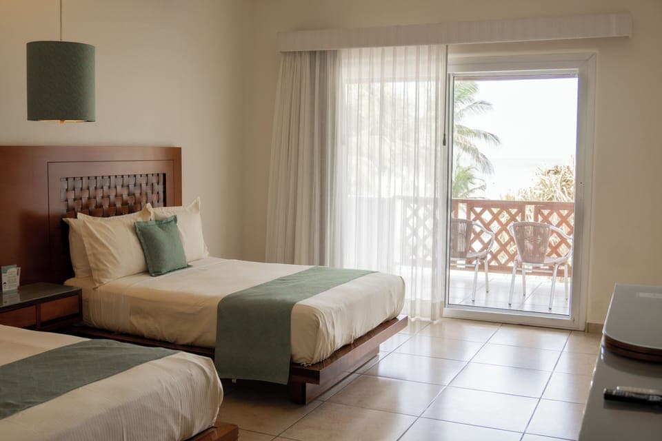 Standard Room, 2 Double Beds, Balcony, Sea View | In-room safe, desk, laptop workspace, iron/ironing board