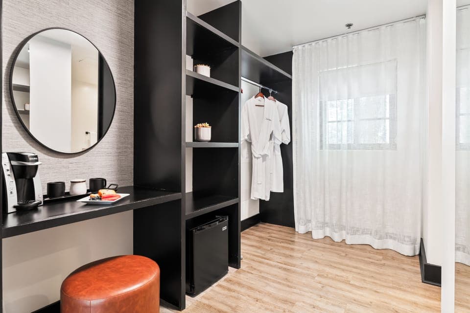 Courtyard King + Twin | Premium bedding, desk, blackout drapes, iron/ironing board