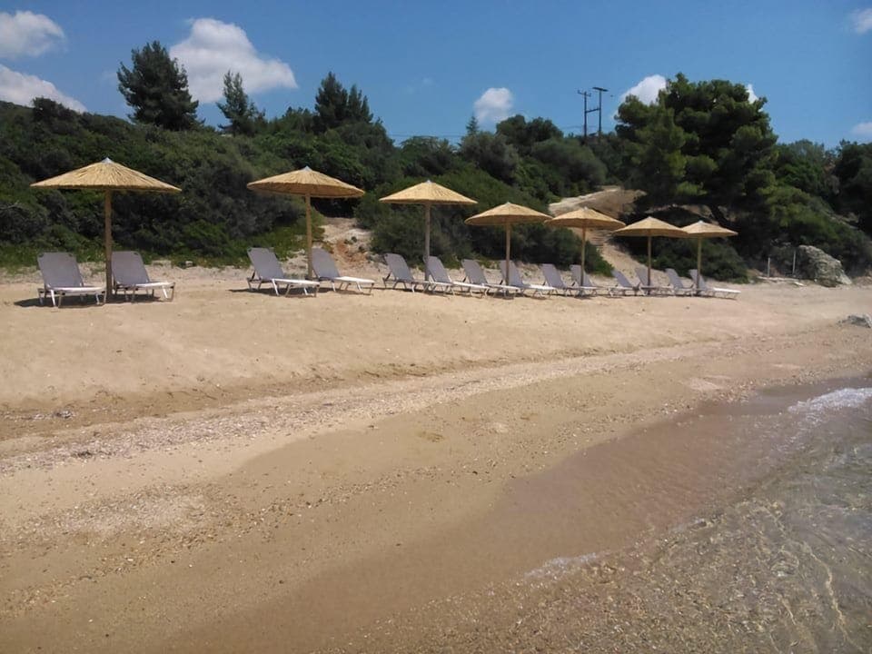 On the beach, sun loungers, beach umbrellas