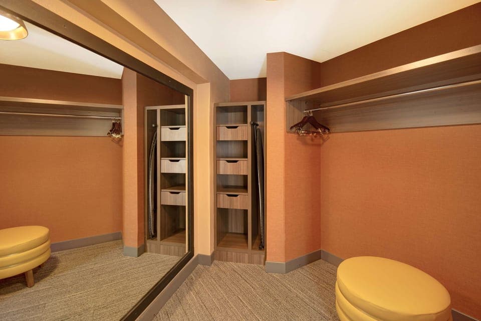 Down comforters, desk, laptop workspace, blackout drapes