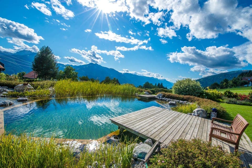 Seasonal outdoor pool, a natural pool, sun loungers