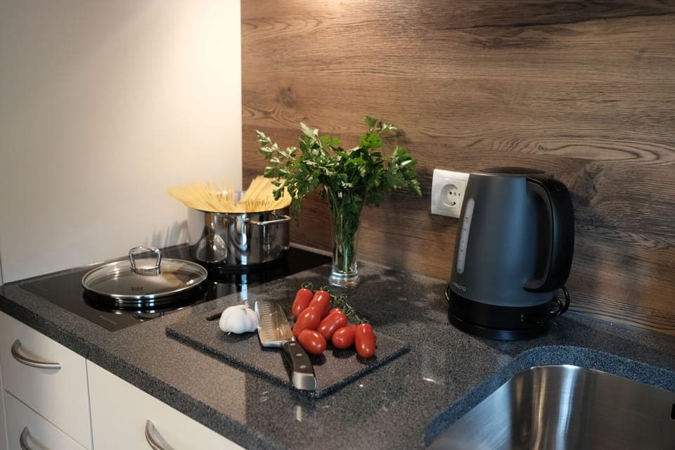 Full-size fridge, microwave, stovetop, dishwasher