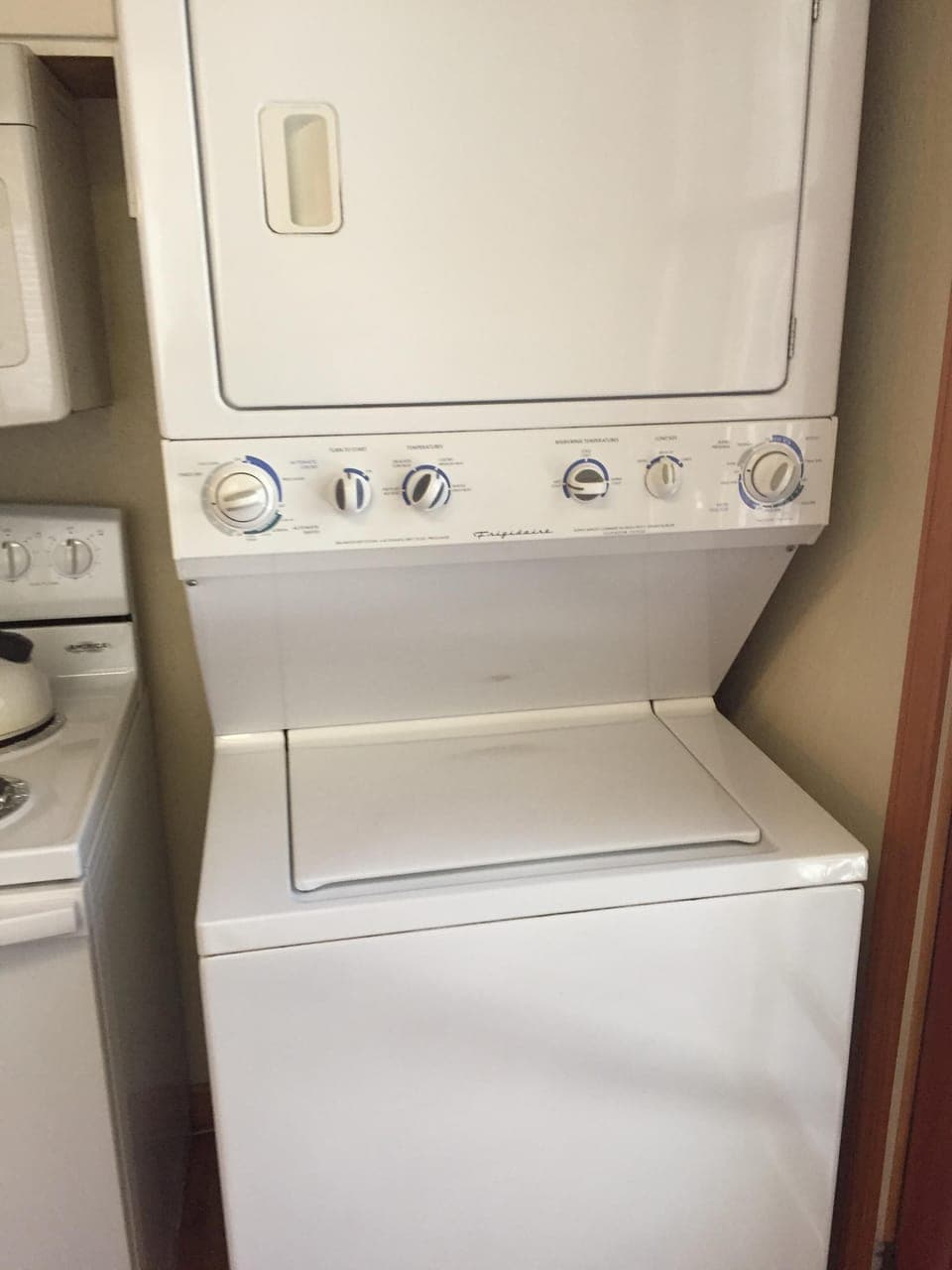 Stacked washer and dryer for your convenience.
