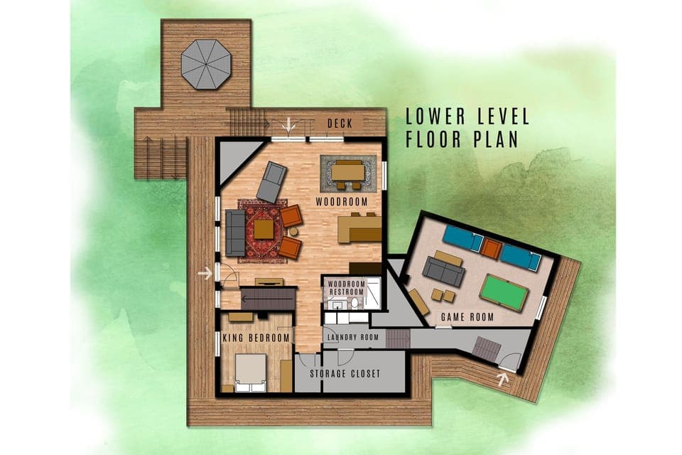 Lower Level - (Woodroom, Games, Master Bedroom, Bathroom, Laundry).